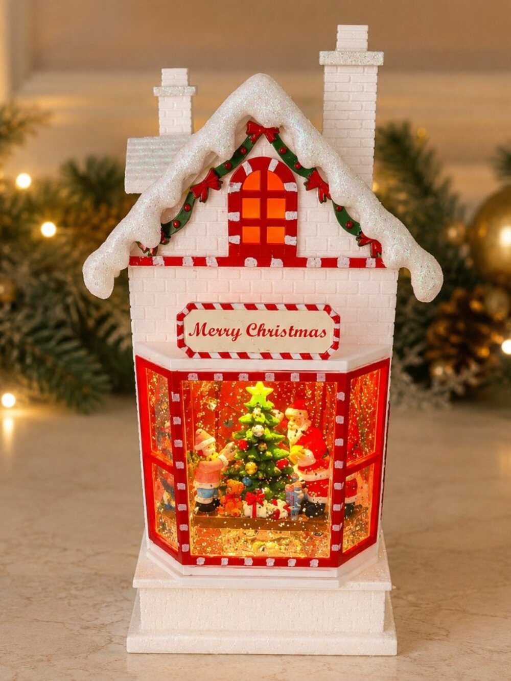 LED Light-Up Christmas House Santa Tree Glitter Lantern Decor